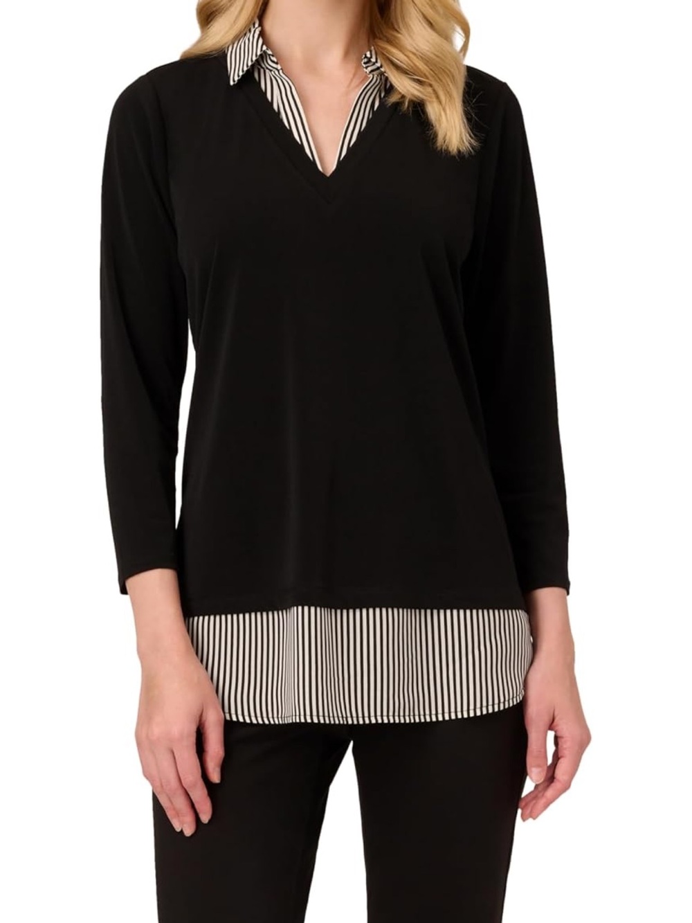 Adrianna Papell Black Striped Knit Twofer 3/4 Sleeve Top blouse Womens XL EUC